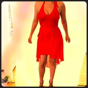 Bebe red asymmetric skirt key hole halter dress